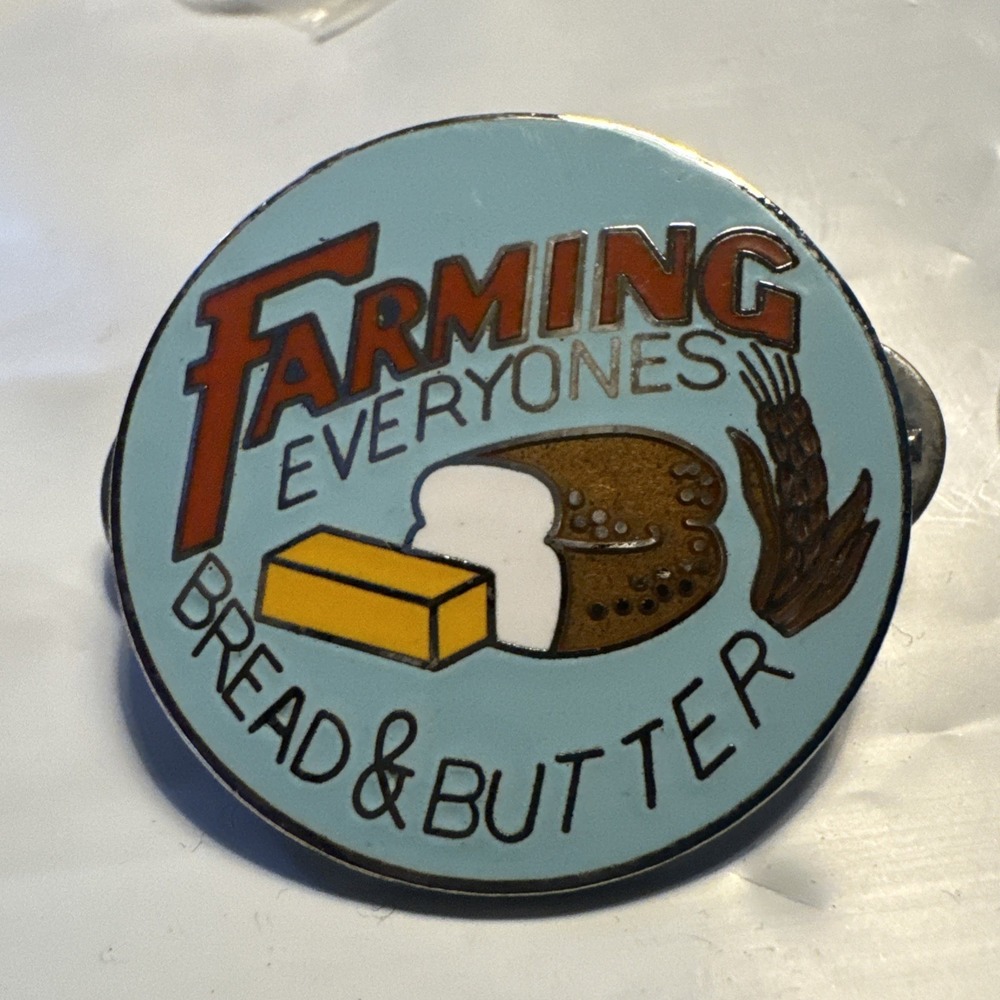 Vintage Farming Everyones Bread & Butter Hat Coat Vest Lapel Pin Farm Farmer